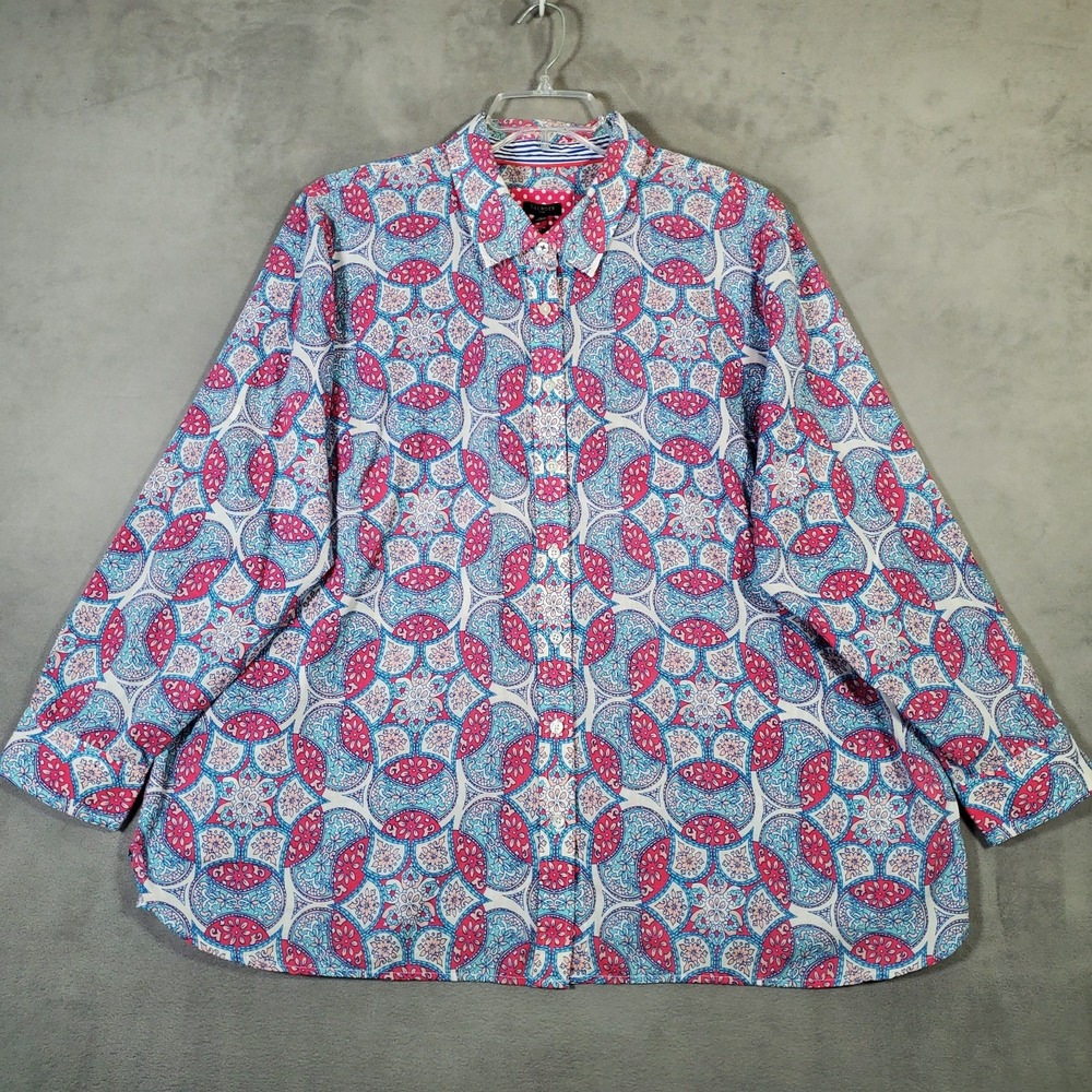 Talbots Top Womens 3X Blue Pink Geometric Button Long Sleeve Artsy‎ Boho Maximal